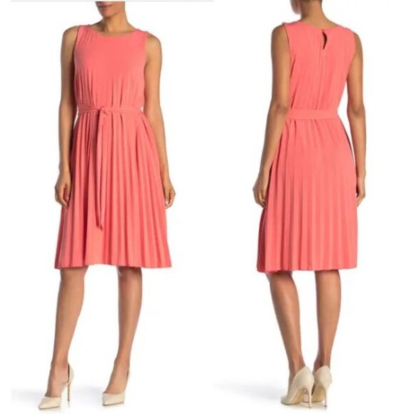 T Tahari Pink Sleeveless Crew Neck Pleated Dress - Picture 1 of 6